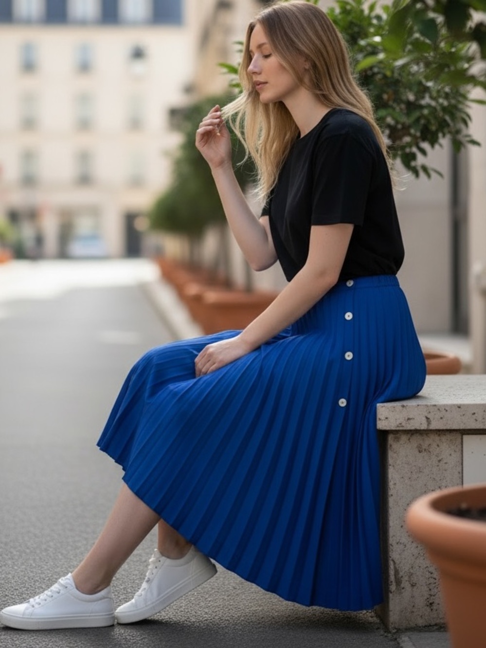 Zara Pleated Midi Skirt with Button-Trim in Cobalt Blue Large